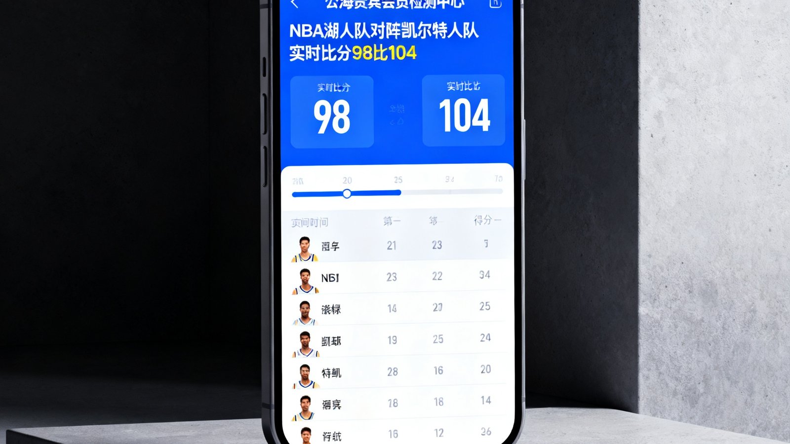 手机屏幕展示公海贵宾会员检测中心的实时比分追踪界面，顶部显示NBA湖人队对阵凯尔特人队的实时比分98比104，下方有球员得分统计和比赛时间进度条。