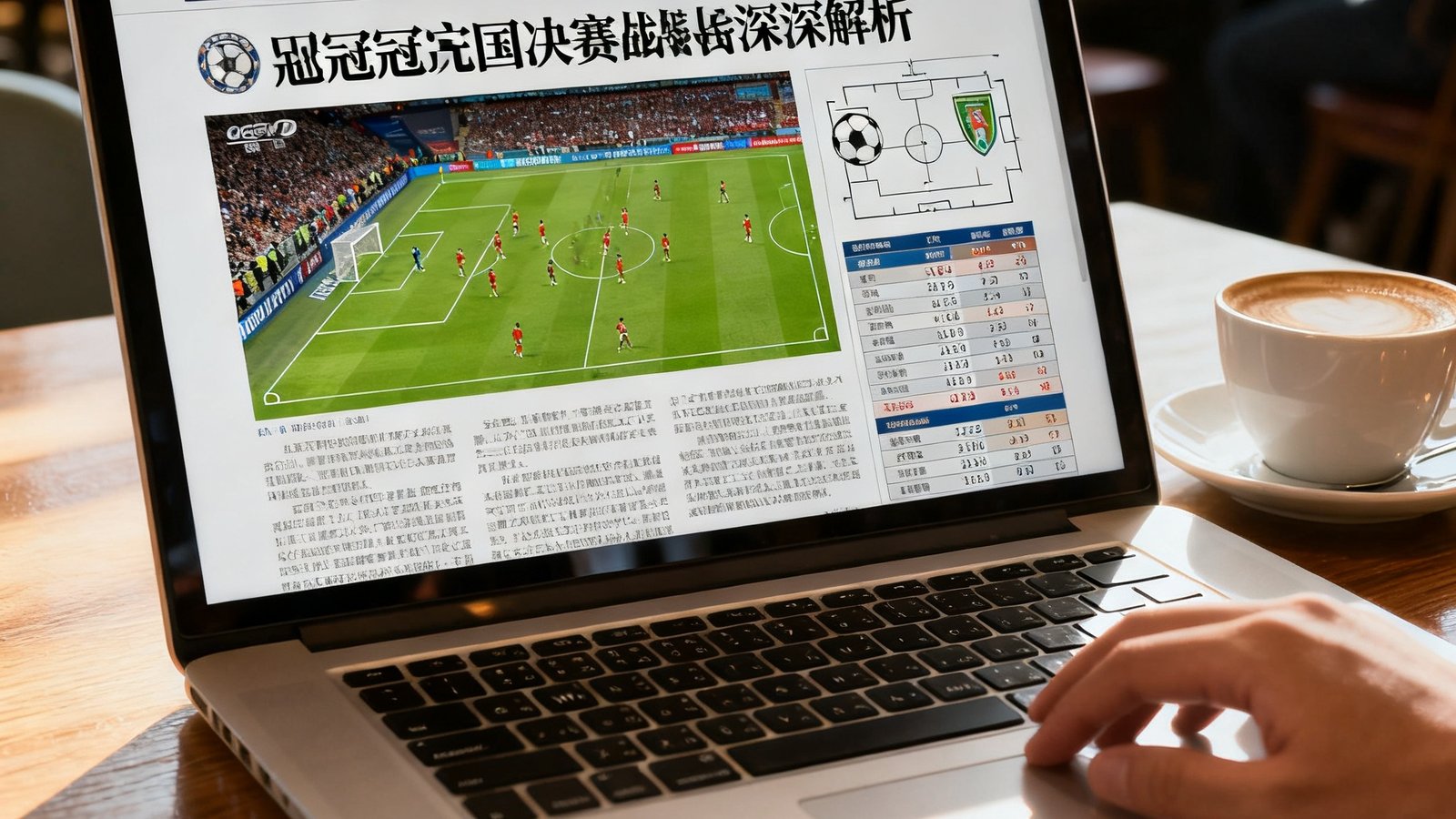 笔记本电脑屏幕显示一篇关于欧冠决赛战术解析的深度报道文章，页面排版精美，配有战术示意图和数据统计表格，背景为咖啡厅桌面。