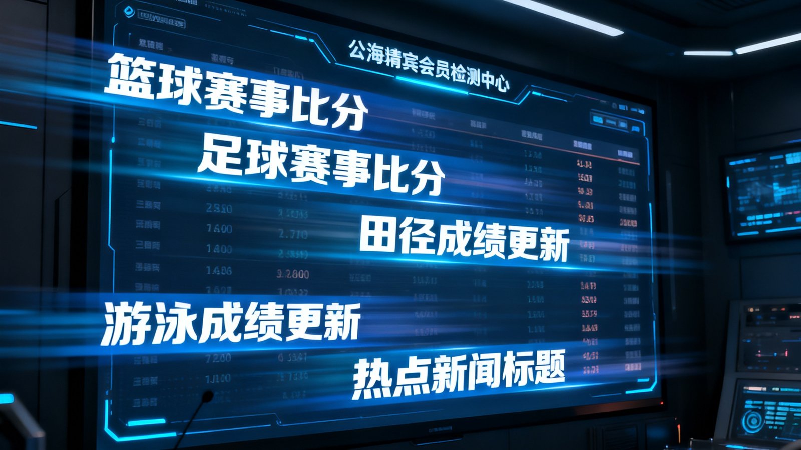 公海贵宾会员检测中心实时数据大屏，屏幕中滚动显示篮球和足球赛事比分、田径游泳成绩更新以及热点新闻标题，背景为深色控制室环境。