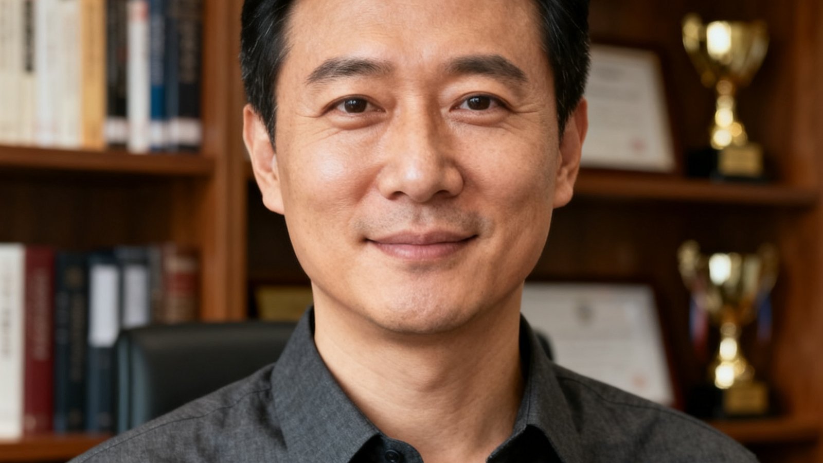 公海贵宾会员检测中心创始人兼CEO陈宇翔的半身肖像照，35岁男性，身穿深灰色衬衫，背景为办公室书架，表情自信而温和。
