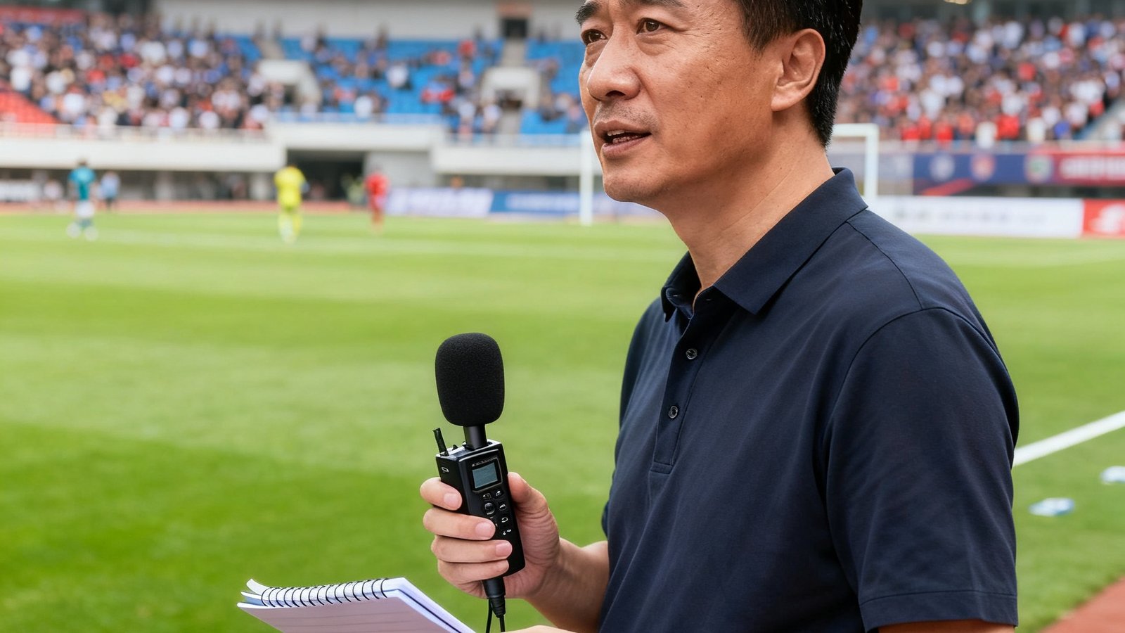 公海贵宾会员检测中心内容总监张明远在赛场边采访的照片，40岁男性，手持录音笔和笔记本，背景为足球场边线和观众席。