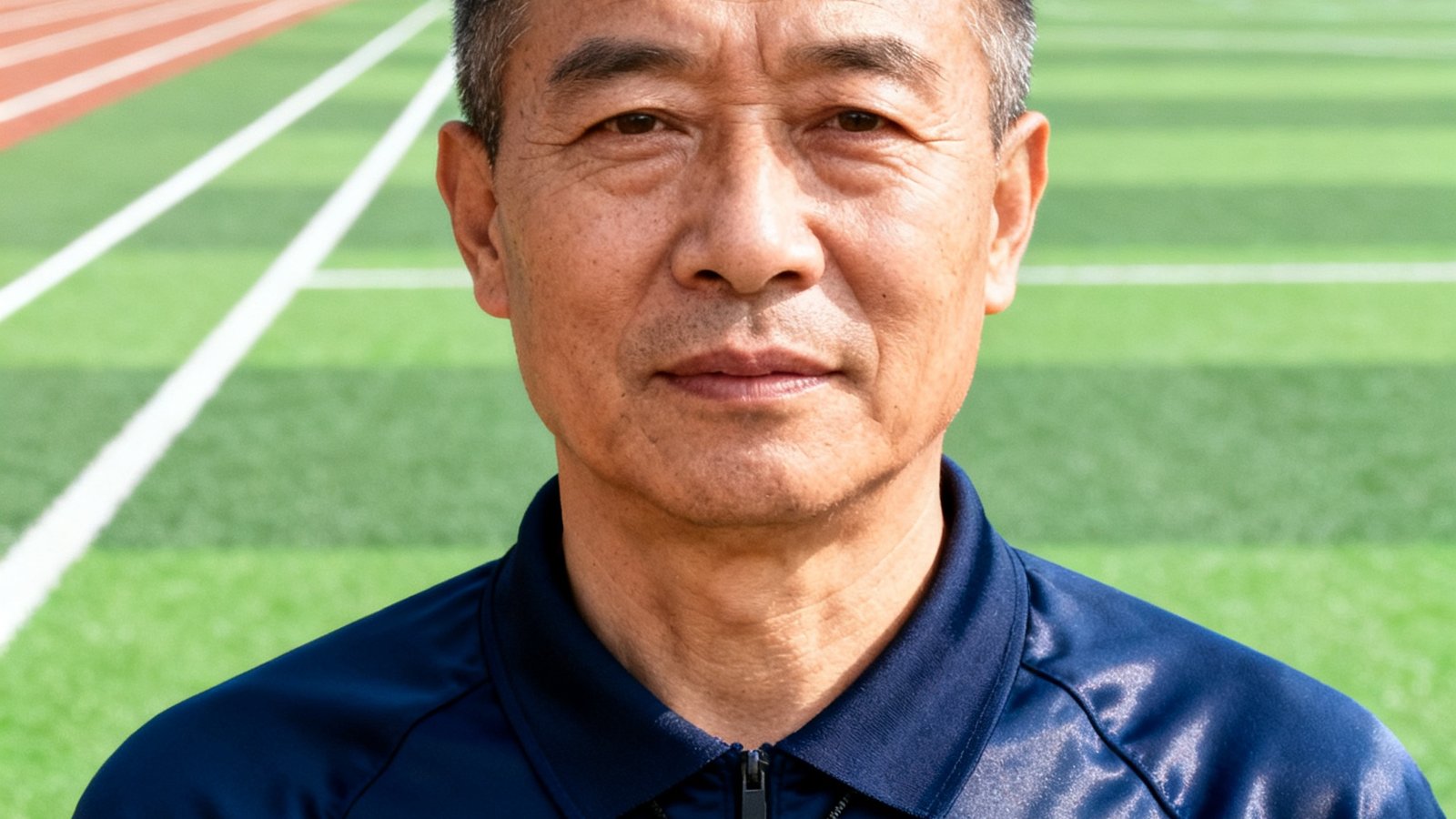 中学体育教师赵先生的正面头像照，45岁男性，身穿运动服和哨子，站在学校操场上。